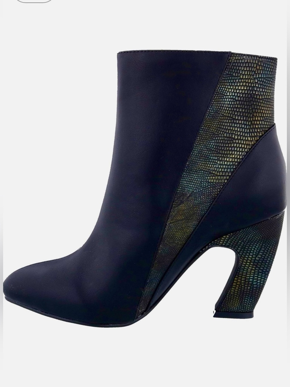Black Zip-Up Ankle Boot Heels with Iridescent Reptile Textured accent Panels
